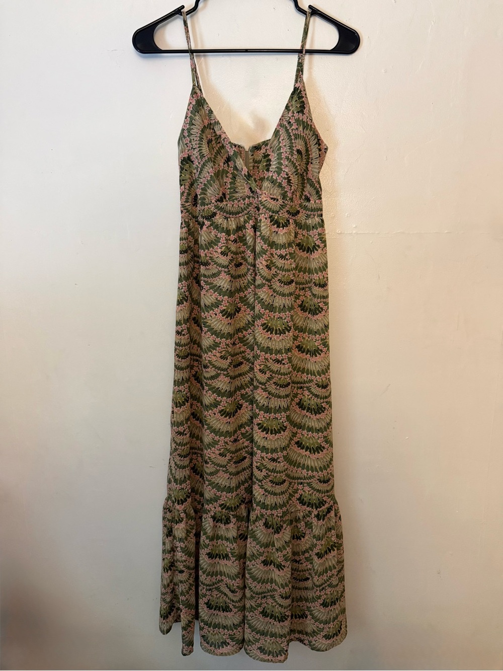 Molly Bracken Olive and Pink Scallop-Print Maxi Dress